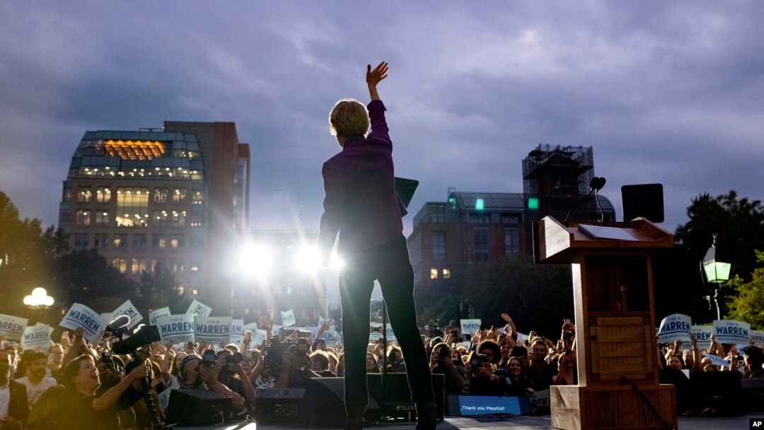 FILE - Democratic U.S. presidential candidate Sen. Elizabeth Warren takes the stage before addressing supporters at a rally in New York City, Sept. 16, 2019.