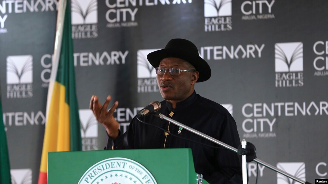 FILE - Nigeria's President Goodluck Jonathan speaks during the groundbreaking ceremony of the Centenary City project in Abuja, June 24, 2014.