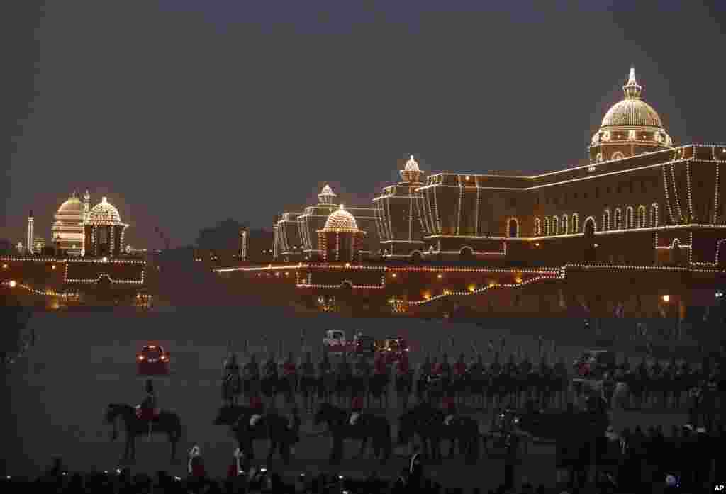 Indian President Pranab Mukherjee leaves at the end of Beating Retreat ceremony in New Delhi. The ceremony marks the end of Republic Day festivities.