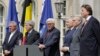 Ministers from the European Union’s six founding nations brief the media after a Brexit meeting in Berlin. From left: Luxembourg’s Jean Asselborn, Italy’s Paolo Gentiloni, Germany’s Frank-Walter Steinmeier, Belgium’s Didier Reynders, France’s Jean-Marc Ayrault and the Netherlands’ Bert Koenders. 