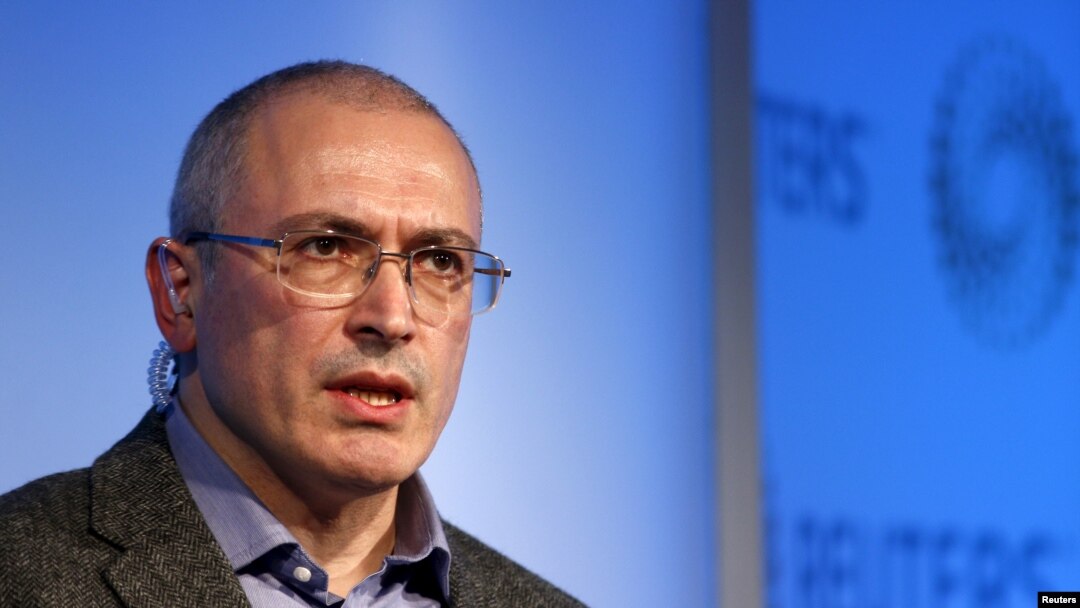 FILE - Former Russian tycoon Mikhail Khodorkovsky speaks during a Reuters Newsmaker event at Canary Wharf in London, Britain.