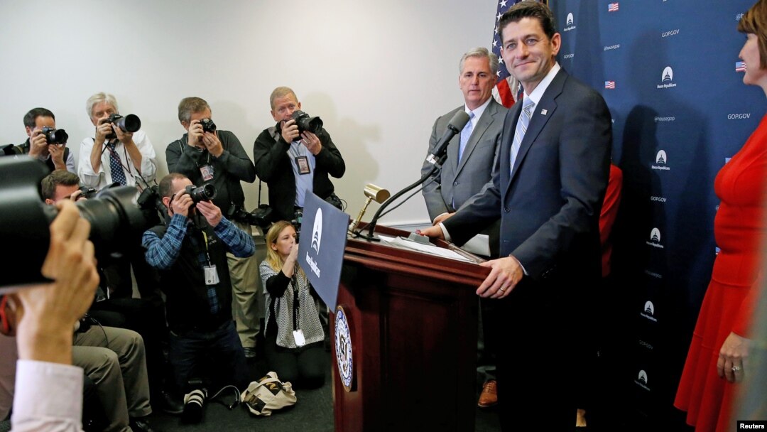 FILE - U.S. House Speaker Paul Ryan (R, at lectern) arrives for a news conference after his caucus meeting with fellow House Republicans at the U.S. Capitol in Washington, Nov. 15, 2016.