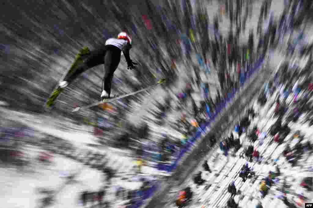 Svenja Wuerth of Germany soars during the mixed normal hill team event of the 2017 FIS Nordic World Ski Championships in Lahti, Finland.
