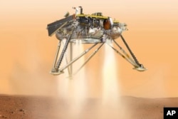 화성 표면에 착륙하는 인사이트 탐사선의 상상도. NASA 제공.