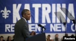 FILE - President Barack Obama delivers a speech at the Andrew P. Sanchez Community Center in Lower Ninth Ward of New Orleans, Aug. 27, 2015.