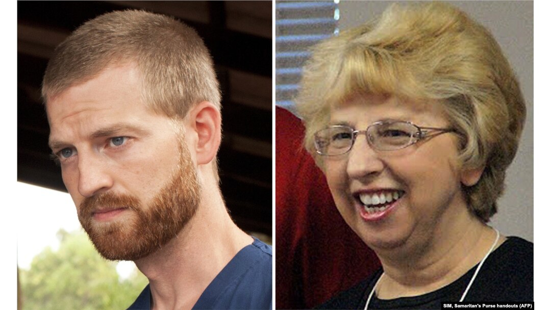 FILE - A combination photo shows Dr. Kent Brantly, left, and Nancy Writebol. Brantly and Writebol had contracted Ebola virus while in West Africa, were flown to Emory University Hospital in Atlanta. Both recovered and were released this week.