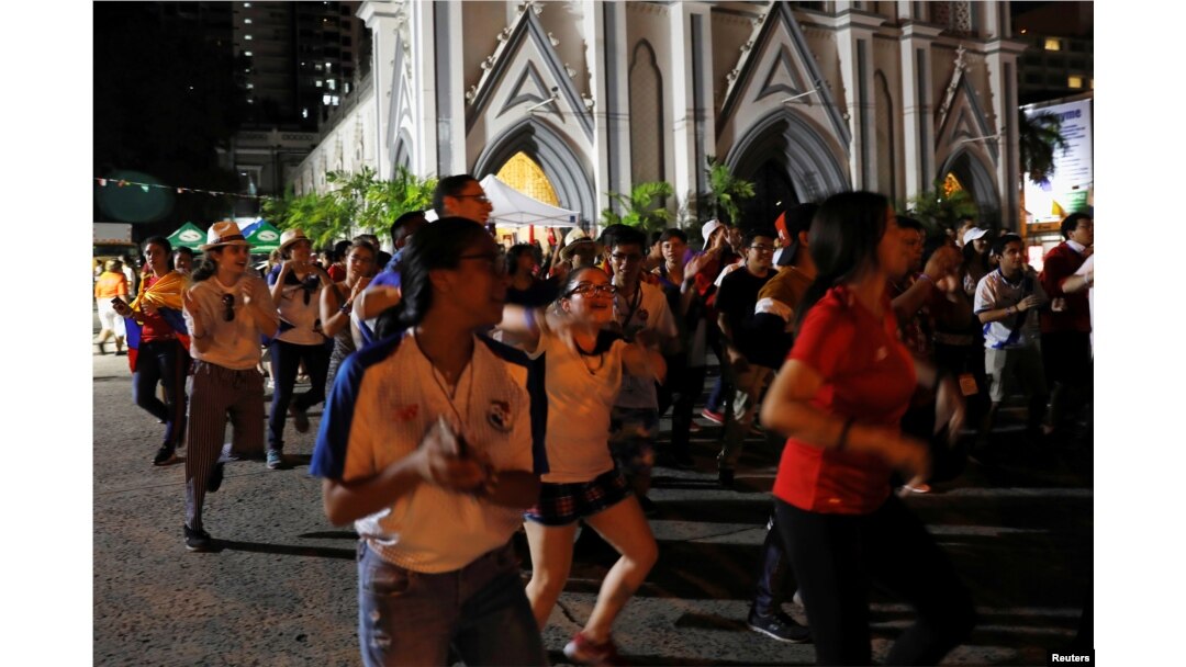 A group of young people dance to music, ahead of Pope Francis' visit, in Panama City, Panama, Jan 21, 2019.