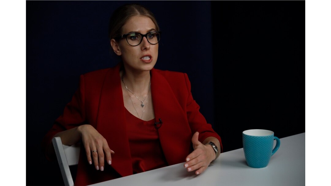 FILE - Russian opposition activist Lyubov Sobol speaks during an interview with the Associated Press in Moscow, Russia, Aug. 15, 2019.