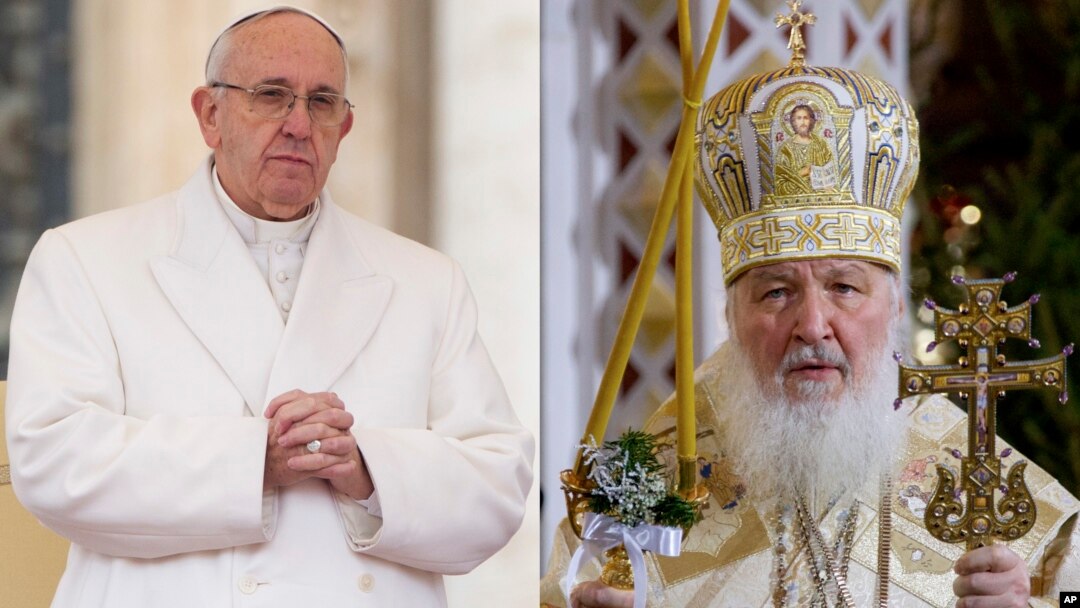 FILE - In this file photo combination Russian Orthodox Patriarch Kirill, right, serves the Christmas Mass in the Christ the Savior Cathedral in Moscow, Russia, on Jan. 7, 2016 and Pope Francis prays during an audience at the Vatican on Jan. 30, 2016. 