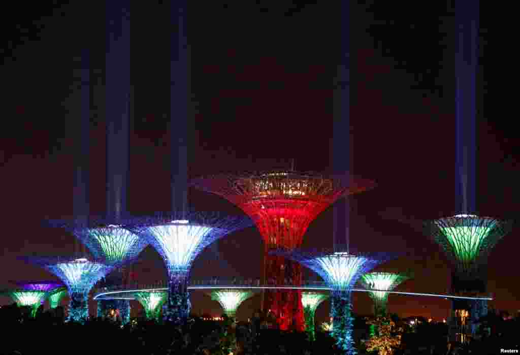 Supertree structures transform into "lightsabers" to mark "May the 4th Star Wars Day" at Gardens by the Bay in Singapore.