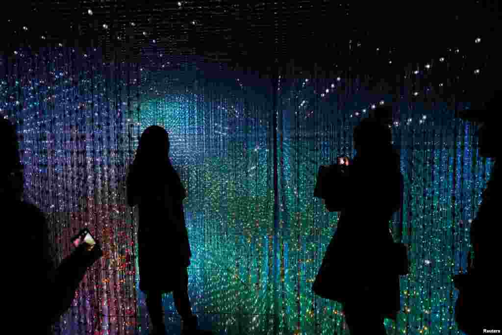 Visitors look at a digital installation which is a part of "Dance! Art Exhibition, Learn & Play!" by Japanese group teamLab in Taipei, Taiwan.