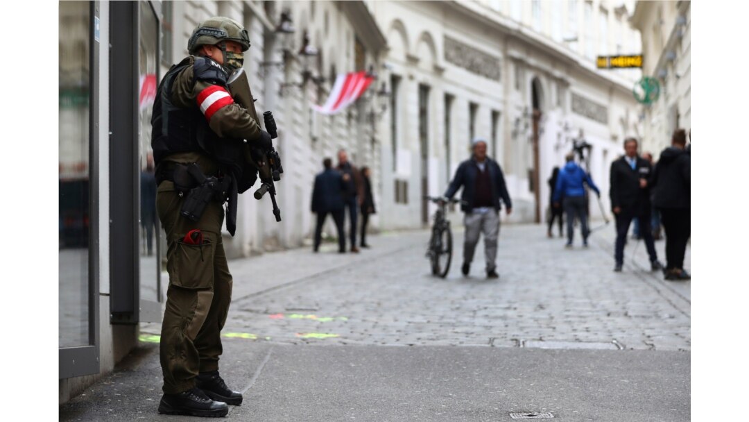 A military police officer stands guard near the scene of a terrorist attack in Vienna, Austria, Nov. 4, 2020.