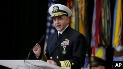 FILE - Adm. Charles A. Richard, commander of US Strategic Command, speaks during a ceremony at Offutt AFB in Nebraska, Nov. 18, 2019