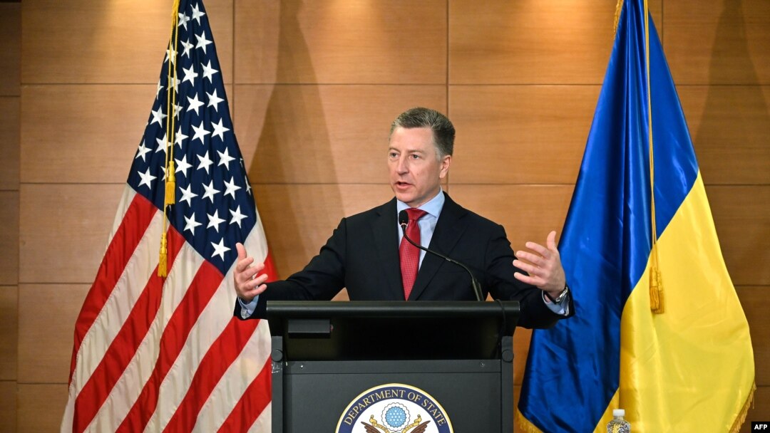 FILE - U.S. special envoy for Ukraine Kurt Volker speaks during a press-conference in Kyiv, Ukraine, July 27, 2019.