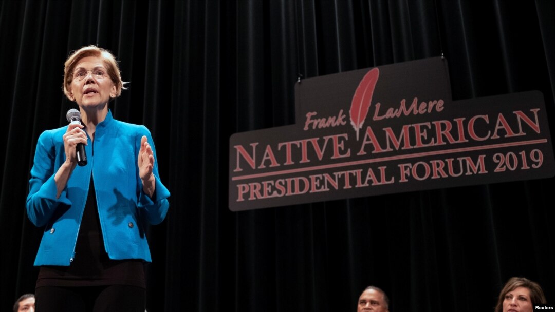 Democratic presidential candidate and U.S. Senator Elizabeth Warren speaks at the Frank LaMere Native American Forum while campaigning in Sioux City, Iowa, Aug. 19, 2019.