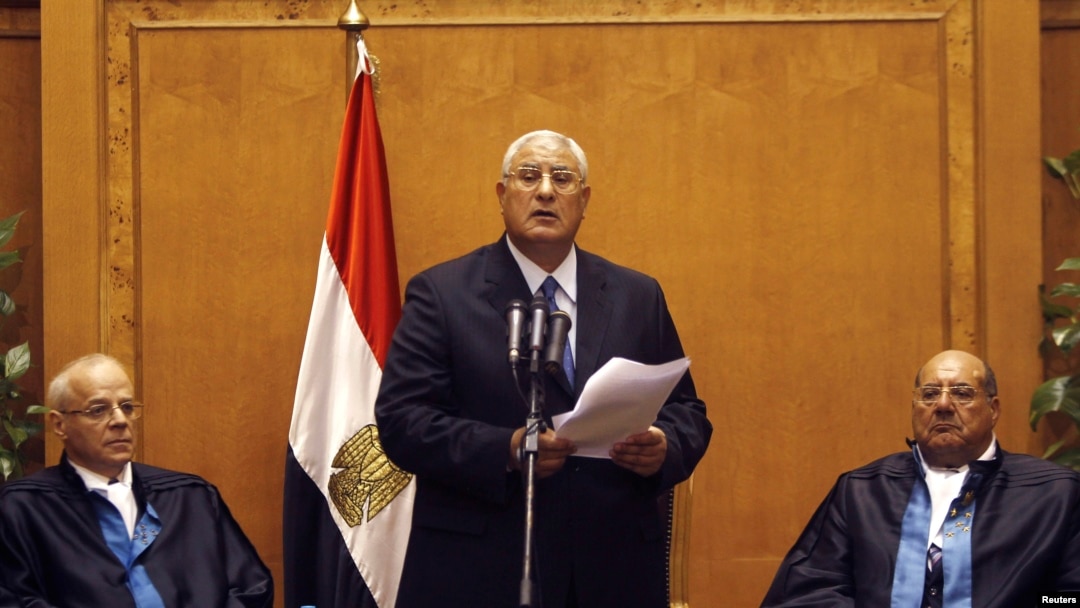 Adli Mansour (C), Egypt's chief justice and head of the Supreme Constitutional Court, speaks at his swearing in ceremony as the nation's interim president in Cairo, July 4, 2013, a day after the army ousted Mohamed Morsi as head of state.