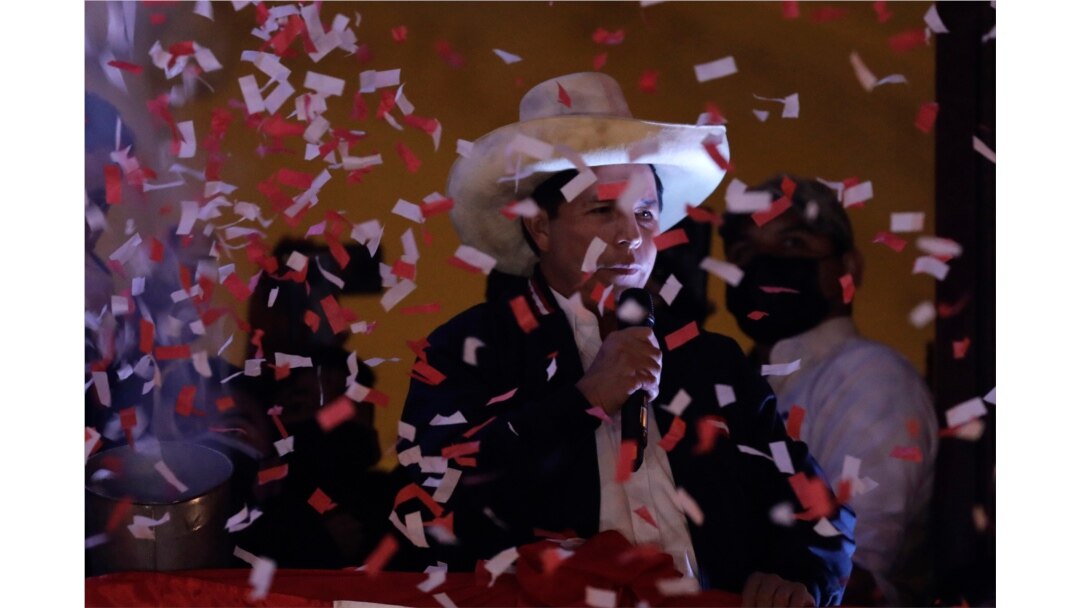 Pedro Castillo speaks to his supporters after election authorities declared him president-elect, during celebrations at his party's campaign headquarters in Lima, Peru, July 19, 2021.