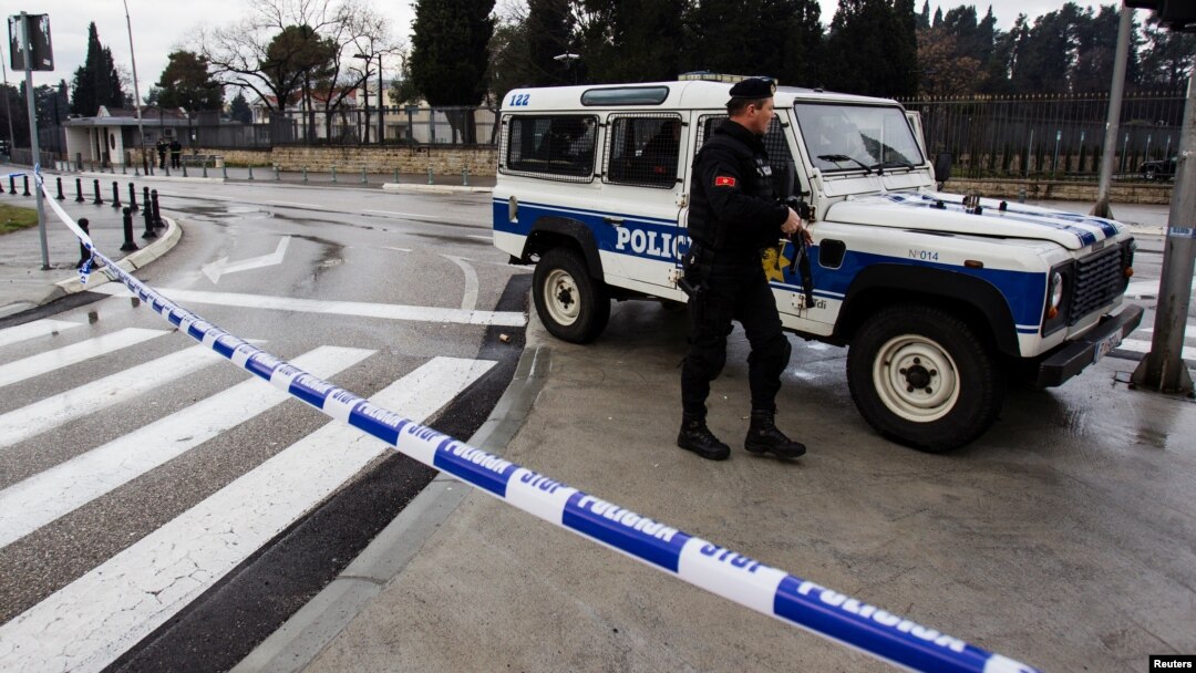 Police guard the U.S. Embassy in Podgorica, Montenegro, Feb. 22, 2018.