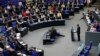 A lawmaker addresses a session of the Bundestag, Germany's lower house of parliament, ahead of the approval of a resolution declaring the 1915 massacre of Armenians by Ottoman Turk forces a "genocide," in Berlin, Germany, June 2, 2016. 
