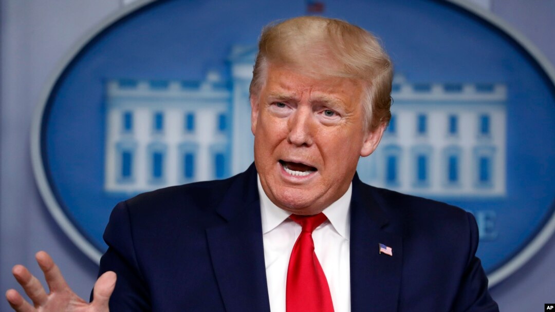 President Donald Trump speaks about the coronavirus in the James Brady Press Briefing Room of the White House, April 9, 2020, in Washington. 
