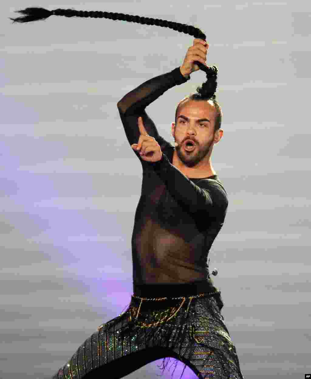 Montenegro's Slavko Kalezic performs the song "Space" during rehearsals for the Eurovision Song Contest in Kyiv, Ukraine.