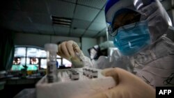 中国一名医护人员拿着新冠病毒感染者的样本准备进行核酸检测。资料照：2020年3月10日。