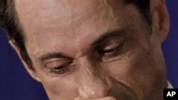 A teary US Rep. Anthony Weiner, D-N.Y., addresses a news conference in New York, Monday, June 6, 2011.