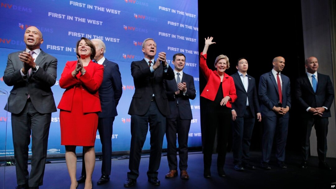 Democratic presidential candidates stand onstage during a fundraiser for the Nevada Democratic Party, Nov. 17, 2019, in Las Vegas.