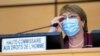 FILE - United Nations' High Commissioner for Human Rights Michelle Bachelet adjusts her glasses during the opening of 45th session of the Human Rights Council, at the European UN headquarters in Geneva, Sept. 14, 2020. 