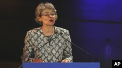 UNESCO Director General Irina Bokova delivering a speech, Paris, Jan. 30, 2012.