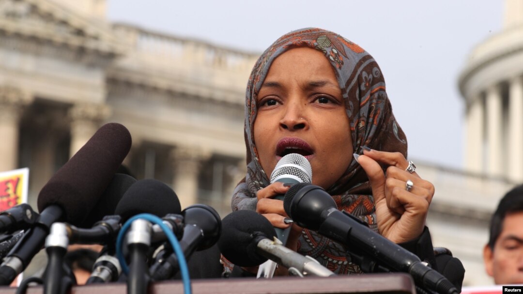 FILE - U.S. Representative Ilhan Omar (Democrat-Minnesota) speaks at a news conference at the U.S. Capitol in Washington, Feb. 7, 2019.